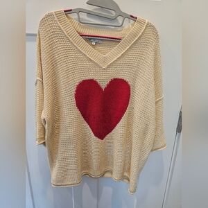 Collection by Cezele Cream Knit Sweater Women’s S Red Heart V-Neck Pullover